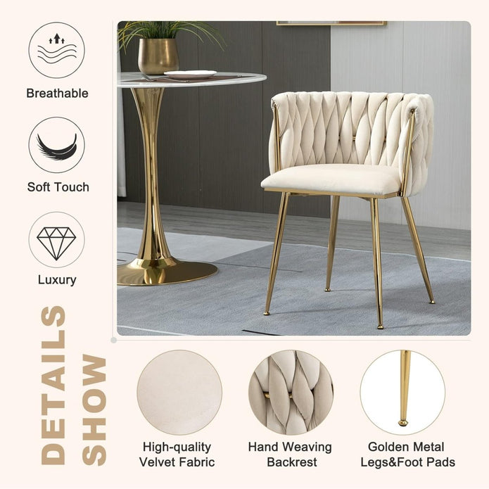 SERENITà Ivory Modern Hand Weaving Dining ChairsVelvet Upholstered Side Chairs with Gold Legs Chic Vanity Chairs with Armrest Accent Chair for Dining Room and Cafe Set of 2