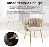 SERENIT??Ivory Modern Hand Weaving Dining ChairsVelvet Upholstered Side Chairs with Gold Legs Chic Vanity Chairs with Armrest Accent Chair for Dining Room and Cafe Set of 2