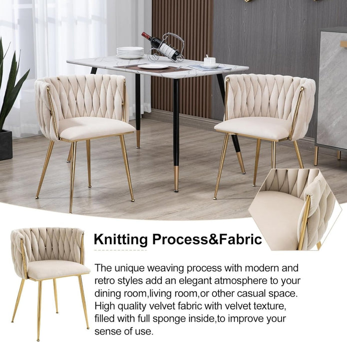 SERENIT??Ivory Modern Hand Weaving Dining ChairsVelvet Upholstered Side Chairs with Gold Legs Chic Vanity Chairs with Armrest Accent Chair for Dining Room and Cafe Set of 2