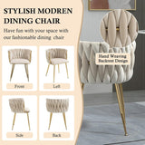 SERENIT??Ivory Modern Hand Weaving Dining ChairsVelvet Upholstered Side Chairs with Gold Legs Chic Vanity Chairs with Armrest Accent Chair for Dining Room and Cafe Set of 2