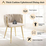 SERENITà Ivory Modern Hand Weaving Dining ChairsVelvet Upholstered Side Chairs with Gold Legs Chic Vanity Chairs with Armrest Accent Chair for Dining Room and Cafe Set of 2 - Rear View