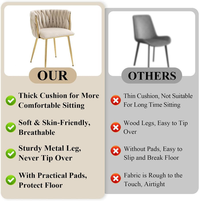 SERENITà Ivory Modern Hand Weaving Dining ChairsVelvet Upholstered Side Chairs with Gold Legs Chic Vanity Chairs with Armrest Accent Chair for Dining Room and Cafe Set of 2