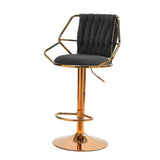 2x Height Velvet Padded Golden Round Base Barstools Chairs with Backrest and Footrest -BLACK - Side View