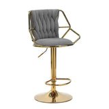 2x Height Velvet Padded Golden Round Base Barstools Chairs with Backrest and Footrest -GREY - Front View