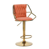 2x Height Velvet Padded Golden Round Base Barstools Chairs with Backrest and Footrest -ORANGE - Front View