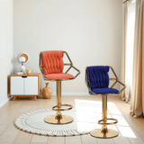 2x Height Velvet Padded Golden Round Base Barstools Chairs with Backrest and Footrest -ORANGE