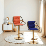 2x Height Velvet Padded Golden Round Base Barstools Chairs with Backrest and Footrest -ORANGE - Close-Up Angle