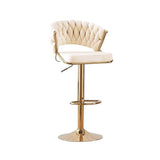 2x Height Beige Velvet Padded Golden Round Base Barstools Chairs - Front View