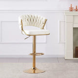 2x Height Beige Velvet Padded Golden Round Base Barstools Chairs - Side View