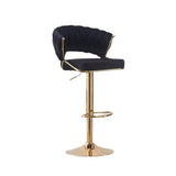 2x Height Black Velvet Padded Golden Round Base Barstools Chairs - Front View