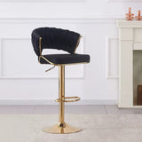 2x Height Black Velvet Padded Golden Round Base Barstools Chairs - Side View