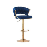 2x Height Blue Velvet Padded Golden Round Base Barstools Chairs - Front View