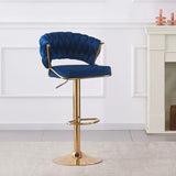 2x Height Blue Velvet Padded Golden Round Base Barstools Chairs - Side View