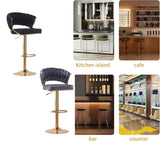 2x Height Blue Velvet Padded Golden Round Base Barstools Chairs - Rear View