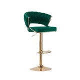 2x Height Green Velvet Padded Golden Round Base Barstools Chairs - Front View