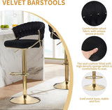 2x Height Green Velvet Padded Golden Round Base Barstools Chairs - Side View