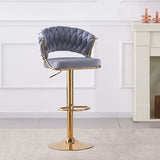 2x Height Grey Velvet Padded Golden Round Base Barstools Chairs - Side View