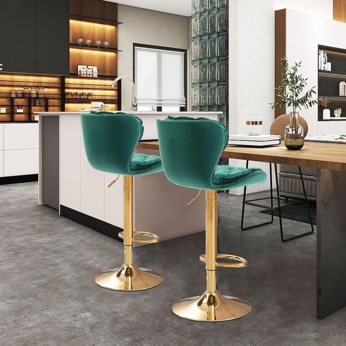 SERENIT? Swivel Bar Stools Set of 2 Counter Height Barstools with Back Velvet Upholstered Adjustable Stool Chair Min Century Modern Bar Stool for Kitchen Island (Emerald Green)