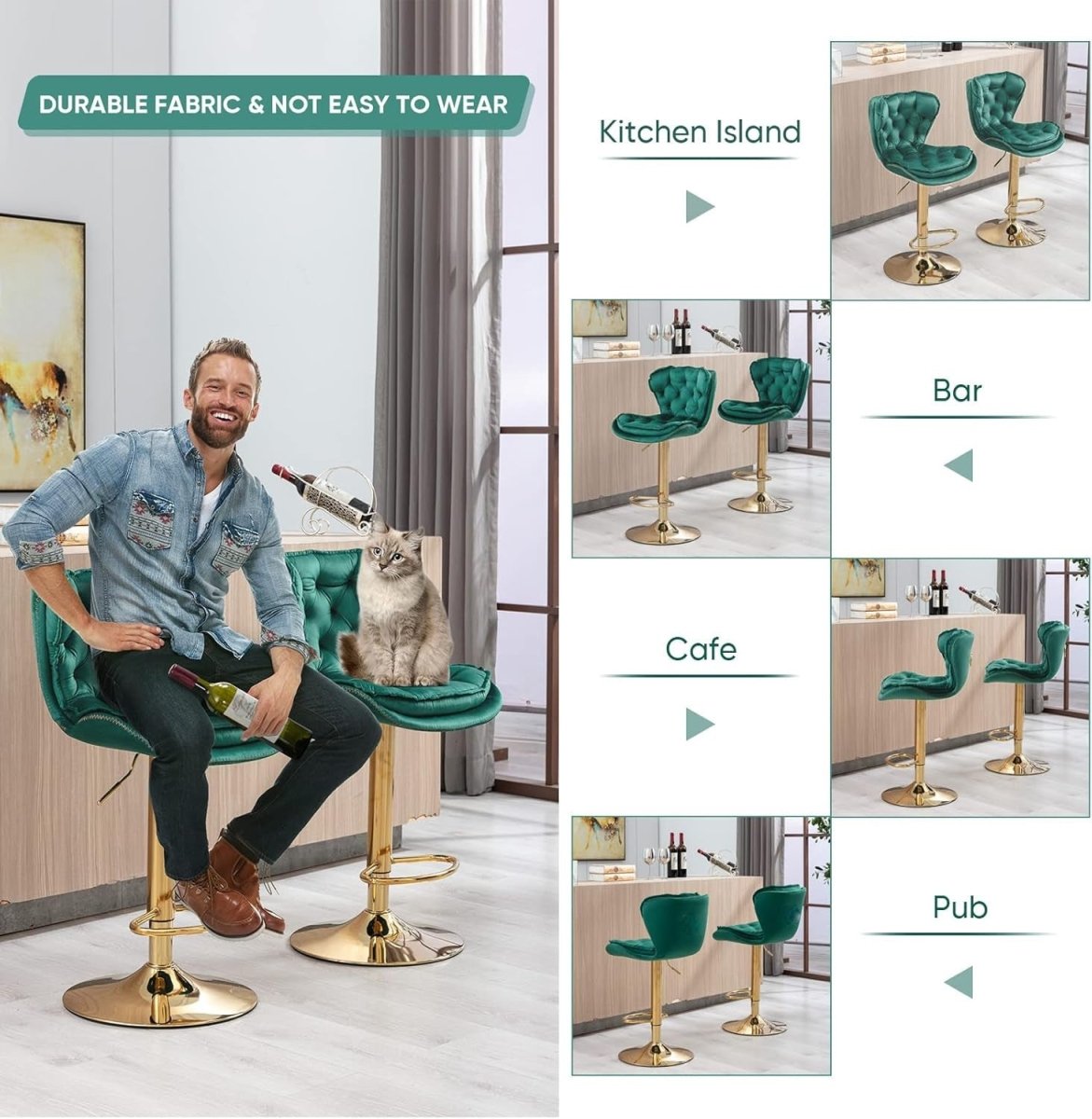 SERENIT? Swivel Bar Stools Set of 2 Counter Height Barstools with Back Velvet Upholstered Adjustable Stool Chair Min Century Modern Bar Stool for Kitchen Island (Emerald Green)