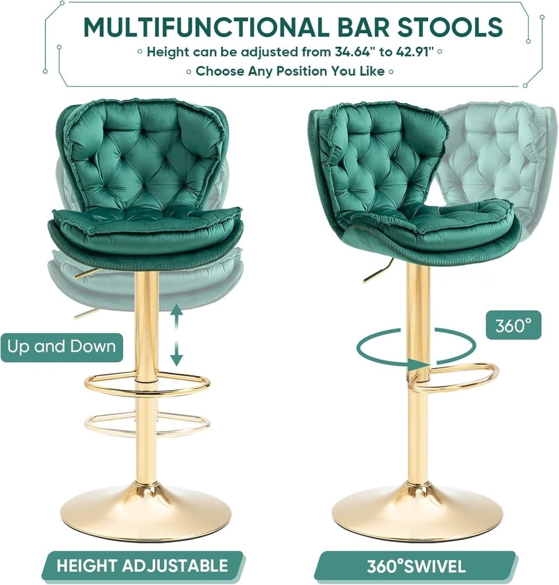 SERENIT? Swivel Bar Stools Set of 2 Counter Height Barstools with Back Velvet Upholstered Adjustable Stool Chair Min Century Modern Bar Stool for Kitchen Island (Emerald Green)