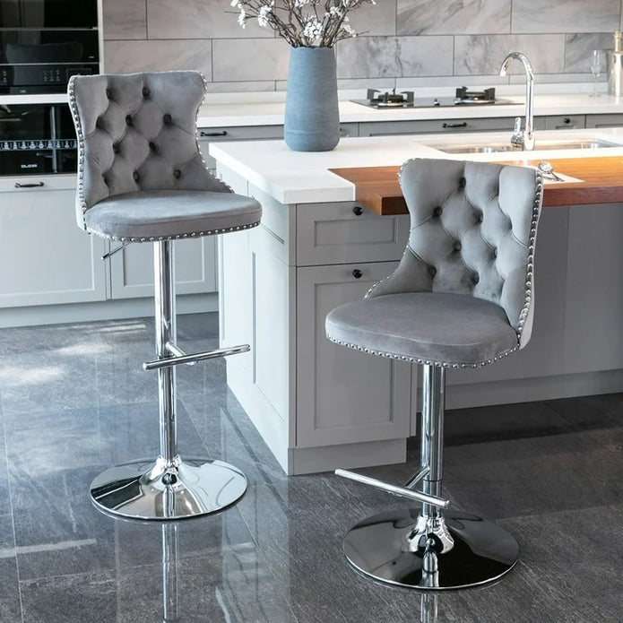SERENIT? Gray Velvet Bar Stools Adjustable Swivel Counter Height Chairs with Tufted Back and Nailhead Trim for Kitchen Island Pub Restaurant (2Pcs, Chrome Metal, Grey)