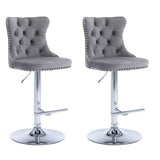 SERENIT? Gray Velvet Bar Stools Adjustable Swivel Counter Height Chairs with Tufted Back and Nailhead Trim for Kitchen Island Pub Restaurant (2Pcs, Chrome Metal, Grey)