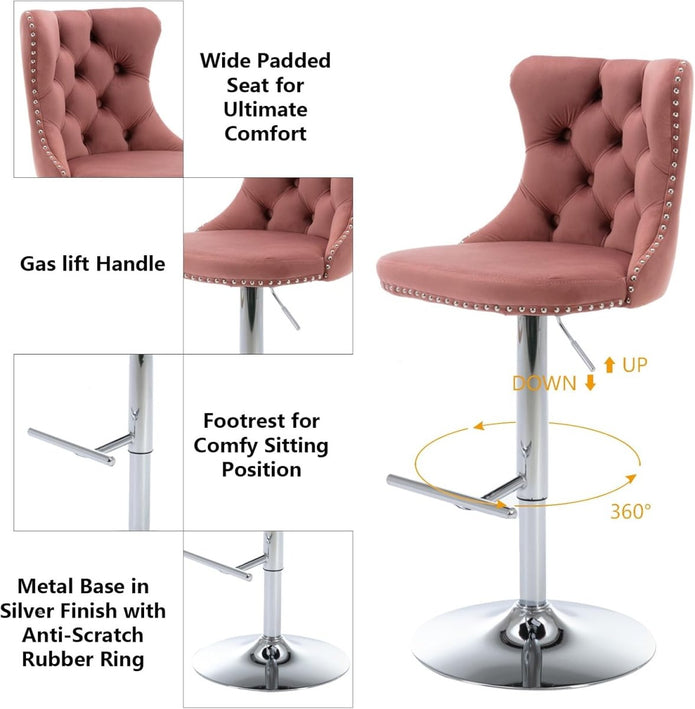 SERENIT? Pink Velvet Bar Stools Adjustable Swivel Counter Height Chairs with Tufted Back and Nailhead Trim for Kitchen Island Pub Restaurant (2Pcs,