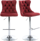 SERENITà Red Velvet Bar Stools Adjustable Swivel Counter Height Chairs with Tufted Back and Nailhead Trim for Kitchen Island Pub Restaurant (2Pcs, Chrome Metal) - Front View