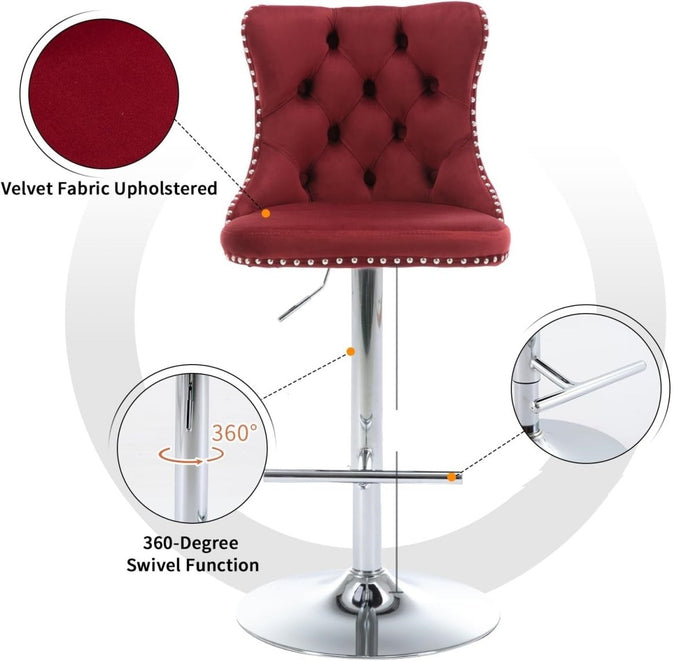 SERENIT? Red Velvet Bar Stools Adjustable Swivel Counter Height Chairs with Tufted Back and Nailhead Trim for Kitchen Island Pub Restaurant (2Pcs,