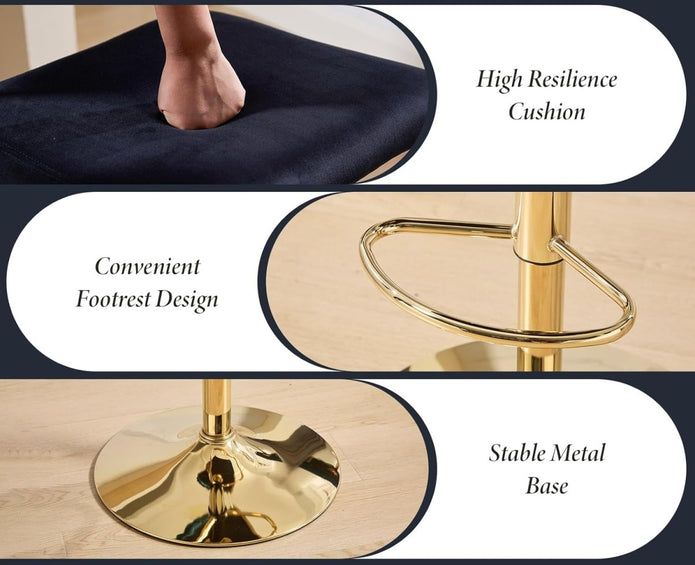 SERENIT?  2x Velvet Bar Stools with Braided Back Elegant Kitchen High Chairs, Kitchen Island Stools Adjustable Height Swivel Bar Chairs with Gold Legs for Home-Black