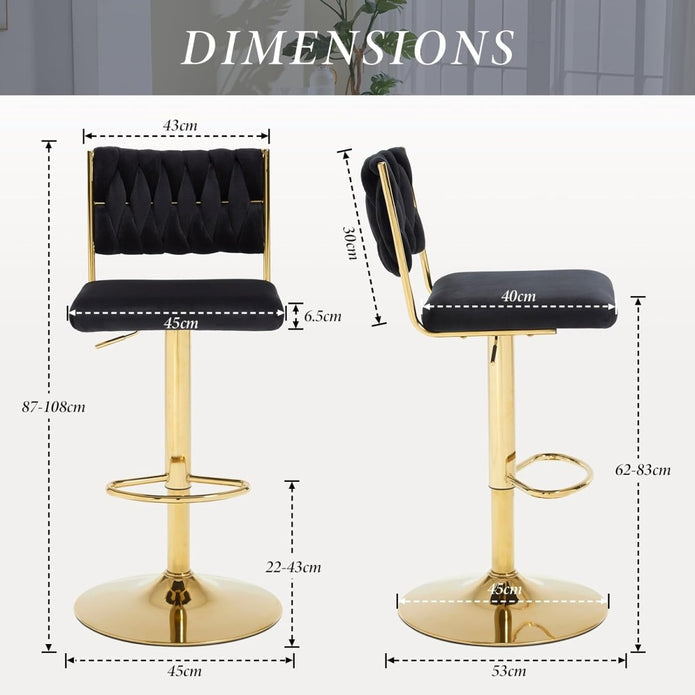 SERENIT?  2x Velvet Bar Stools with Braided Back Elegant Kitchen High Chairs, Kitchen Island Stools Adjustable Height Swivel Bar Chairs with Gold Legs for Home-Black