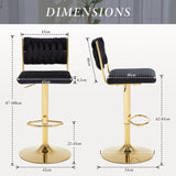 SERENITà  2x Velvet Bar Stools with Braided Back Elegant Kitchen High Chairs, Kitchen Island Stools Adjustable Height Swivel Bar Chairs with Gold Legs for Home-Black - Side View