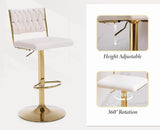 SERENITà  2x Velvet Bar Stools with Braided Back Elegant Kitchen High Chairs, Kitchen Island Stools Adjustable Height Swivel Bar Chairs with Gold Legs for Home-White - 45-Degree Angle