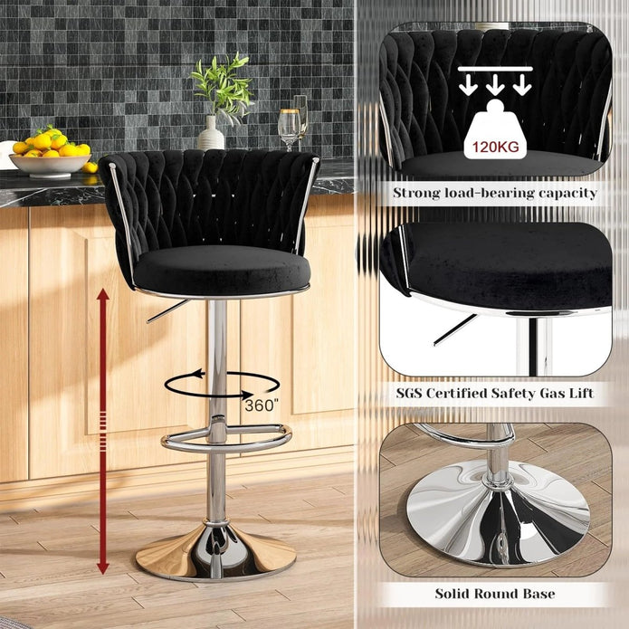 SERENITà Modern Silver Swivel Upholstered Velvet Adjustable Height Counter Stool with Metal Frame Bl