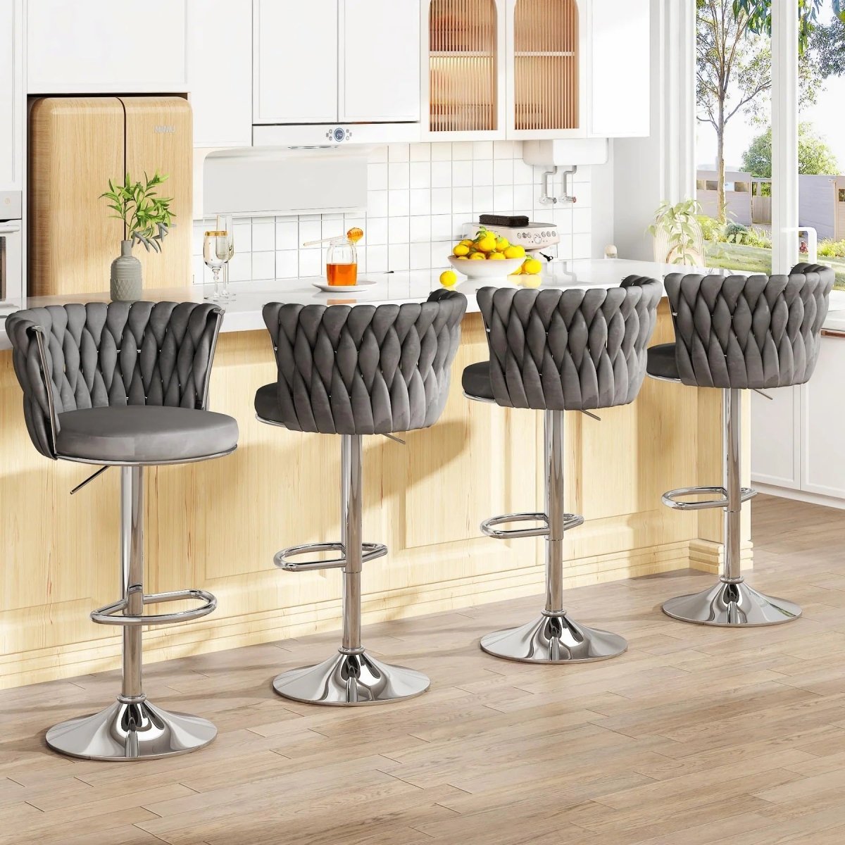 SERENIT? Modern Silver Swivel Upholstered Velvet Adjustable Height Counter Stool with Metal Frame Grey (Set of 2)