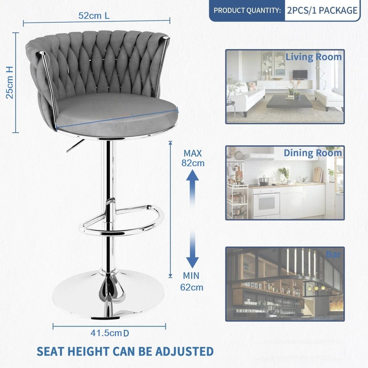 SERENIT? Modern Silver Swivel Upholstered Velvet Adjustable Height Counter Stool with Metal Frame Grey (Set of 2)