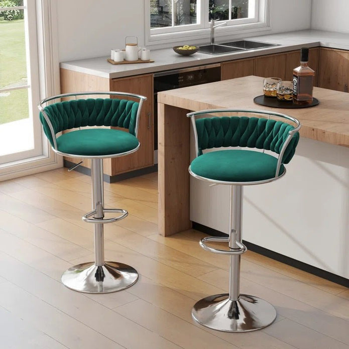 SERENIT? Silver Swivel Upholstered Velvet Adjustable Height Counter Stool with Metal Frame Emerald Green (Set of 2)