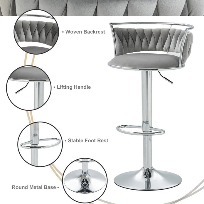 SERENIT? Silver Swivel Upholstered Velvet Adjustable Height Counter Stool with Metal Frame Grey (Set of 2)