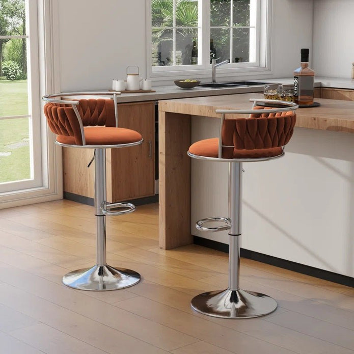 SERENIT? Silver Swivel Upholstered Velvet Adjustable Height Counter Stool with Metal Frame Orange (Set of 2)