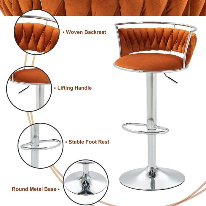 SERENIT? Silver Swivel Upholstered Velvet Adjustable Height Counter Stool with Metal Frame Orange (Set of 2)