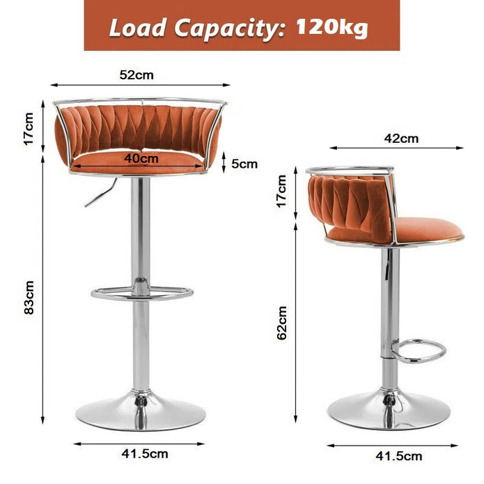SERENIT? Silver Swivel Upholstered Velvet Adjustable Height Counter Stool with Metal Frame Orange (Set of 2)
