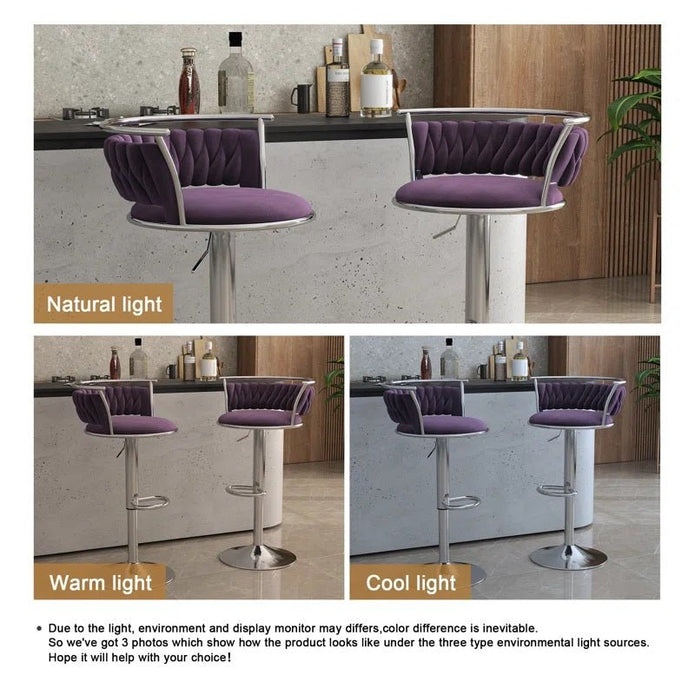 SERENIT? Silver Swivel Upholstered Velvet Adjustable Height Counter Stool with Metal Frame Voilet (Set of 2)