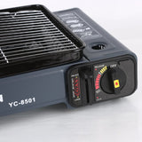 Portable Gas Stove Burner Butane BBQ Camping Gas Cooker With Non Stick Plate Black with Fish Pan and Lid - Top-Down View
