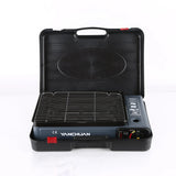 Portable Gas Stove Burner Butane BBQ Camping Gas Cooker With Non Stick Plate Black with Fish Pan and Lid - 45-Degree Angle