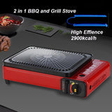 Portable Gas Stove Burner Butane BBQ Camping Gas Cooker With Non Stick Plate Red with Fish Pan and Lid - Side View