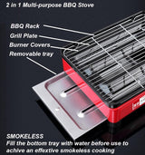 Portable Gas Stove Burner Butane BBQ Camping Gas Cooker With Non Stick Plate Red with Fish Pan and Lid - Close-Up Angle