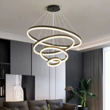 Black 4 Rings Minimalist LED Pendant Light Adjustable Circular Chandelier - Low Angle