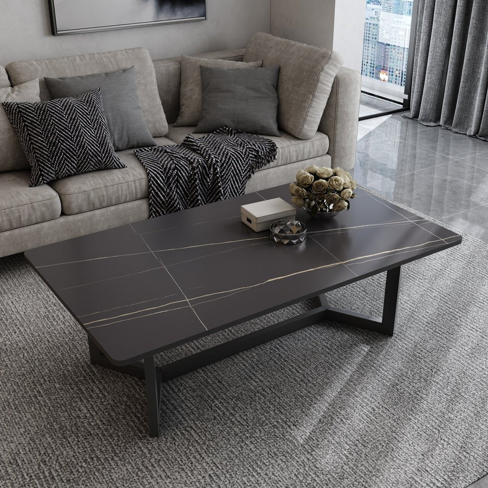 120x60cm Matte Black Minimalist Slate Coffee Table Marble Tea Table Living Room Rectangle Cocktail Side Table Solid Metal Legs