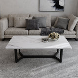 120x60cm Matte Grey Minimalist Slate Coffee Table Marble Tea Table Living Room Rectangle Cocktail Side Table Solid Metal Legs - Rear View