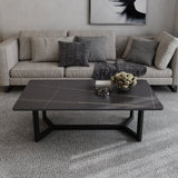 120x60cm Matte Grey Minimalist Slate Coffee Table Marble Tea Table Living Room Rectangle Cocktail Side Table Solid Metal Legs - Low Angle